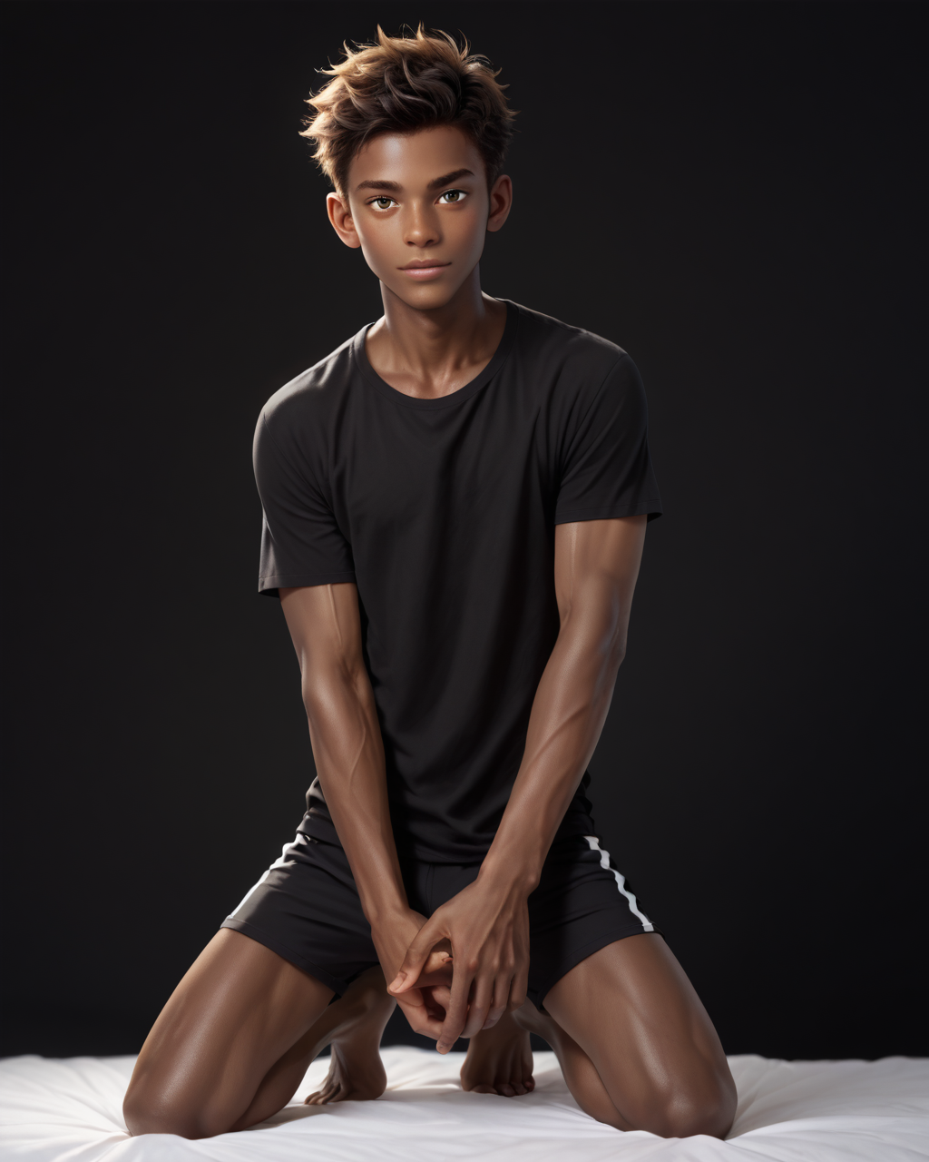 score_9, score_8_up, score_7_up, score_6_up, score_5_up, score_4_up, rating_questionable, 
<lora:homri52:1>,
intricately detailed, photo studio with black backdrop, black background,
1boy(human, glistening skin, handsome, sexy, seductive, posing, looking at the viewer, friendly expression, kneeling,
black skin, african, 
twink, slender, 
loose t-shirt, shorts),
depth of field, 
<lora:xl_more_art-full_v1:0.4>,
<lora:add-detail-xl:0.4>