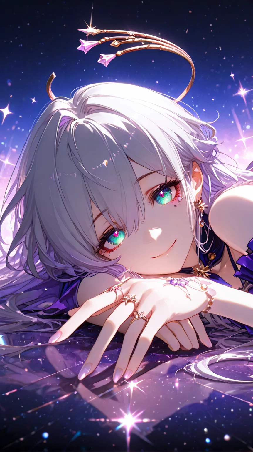 masterpiece, best quality, good quality,4k,
1girl, solo,
robin \(honkai: star rail\),
smile,hd eyes,eyes,Detailed hand,Perfect hand,
sparkle,
full_body,leg,foot,
focus famale,
side view,
looking_at_viewer, lying, (on_stomach)