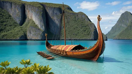 low-angle view of a Viking ship sailing on a tropical lagoon in a tropical landscape, blue sky, turquoise water, intricate, crisp lines <lora:Viking_Ship:1>