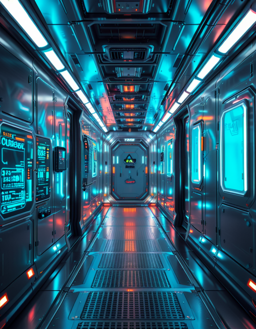 A highly detailed futuristic spaceship corridor, illuminated by soft neon blue and purple lights. The walls are made of sleek metallic panels, with glowing circuits and holographic displays integrated into the design. The floor is reflective and polished, with a faint grid pattern that emits a subtle white glow. Pipes and cables run along the ceiling, interspersed with small ventilation grids and blinking lights. The corridor stretches into the distance, creating a sense of depth, with a slight curve that hints at the massive scale of the spacecraft. The atmosphere feels clean, modern, and slightly sterile, with a sci-fi aesthetic inspired by movies like Blade Runner and Star Wars. The overall lighting is ambient and slightly dim, accentuating the futuristic ambiance. No characters or people are present, focusing entirely on the corridor's architecture and design.<lora:SDXLFaeTastic2400:0.4> <lora:extremely_detailed:0.4> extremely detailed, <lora:futuristic_spaceship_c0rr1d0r:1>,futuristic spaceship c0rr1d0r, Masterpiece,best quality,hi res,8k,hi res,8k,award winning,(sharp focus, intricate, highly detailed),