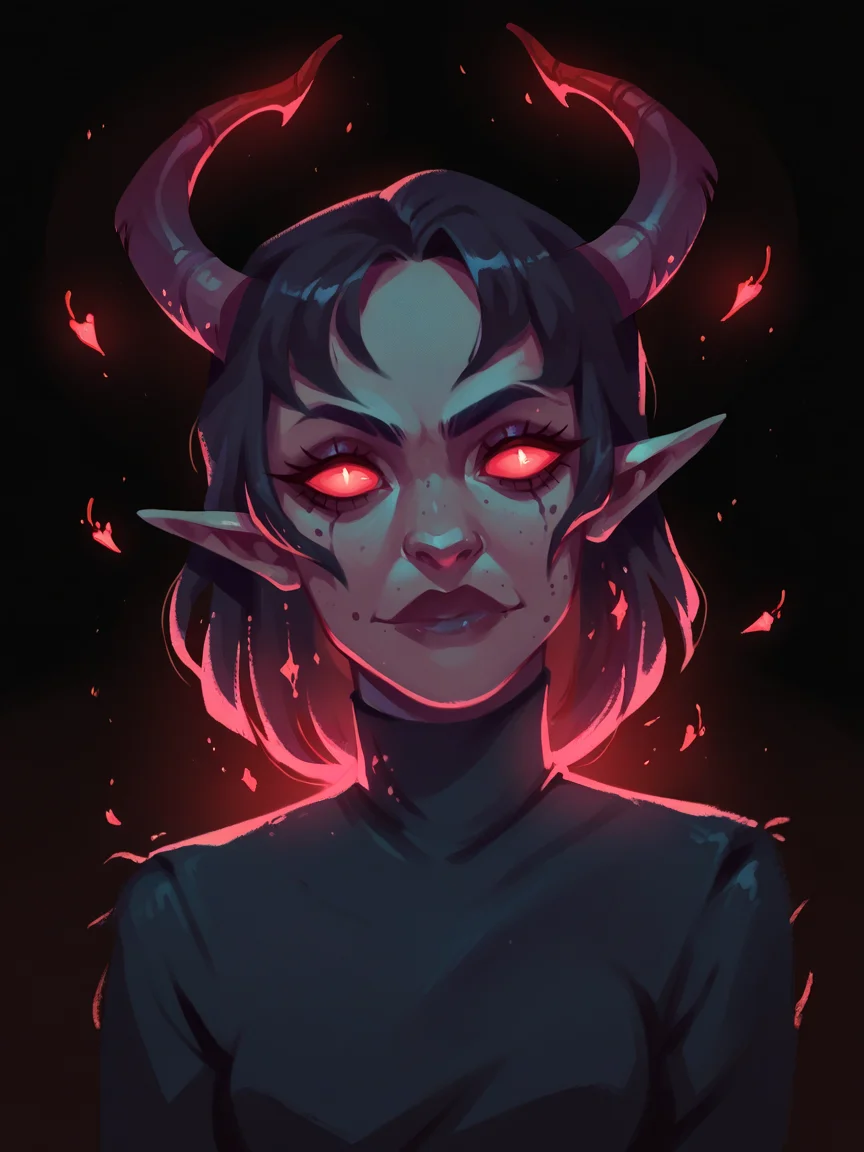 score_9, score_8_up, score_7_up, score_6_up, score_5_up, <lora:rysiartXLP:1> rysiart, solo, 1girl, demon, horns, black background