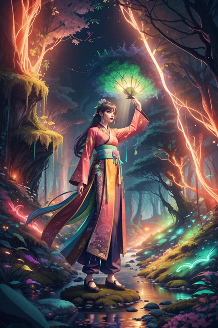 (centered) full body shot, (solo:1.1) woman in fantasy (forest:1.1) wearing (colorful HANFU COSTUME:1.1) (with pants) standing on a moss covered rock in stream, volumetric lighting, slight mist in the air <lora:SD15_Nature_and_Technology:0.36> <lora:Fluorescent_Lava_Cave:0.25>, subsurface scattering, ultra hd, 4k, high def, Photorealistic, Hyperrealistic, Hyper detailed, analog style, realistic, masterpiece, best quality, ultra realistic, 8k, Intricate, High Detail, film photography, soft lighting, heavy shadow, Color gradient of neon pink, neon blue, neon yellow, neon green