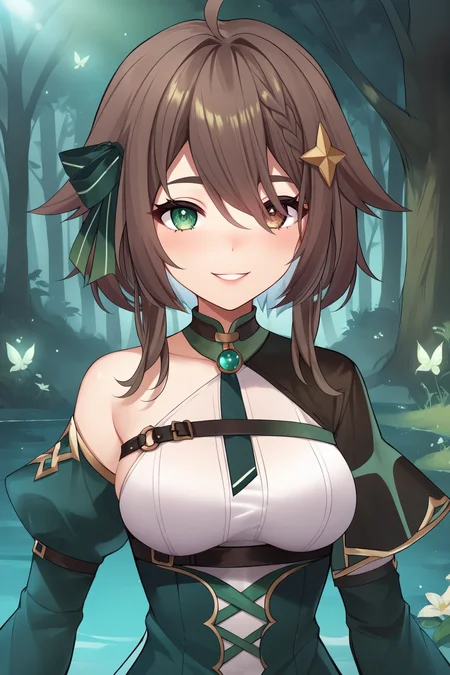 score_9, score_8_up, score_7_up, score_6_up, BREAK, Meica05VTXL, heterochromia, green eyes, (brown eye), brown hair, short hair, hair ornament, hair between eyes, braid, ahoge, green bow, hair bow, medium breasts, green necktie, white shirt, green dress, long sleeves, wide sleeves, solo, front view, (portrair, upper body), solo focus, seductive smile, looking at viewer, forest <lora:Meica05VTXL:0.8>