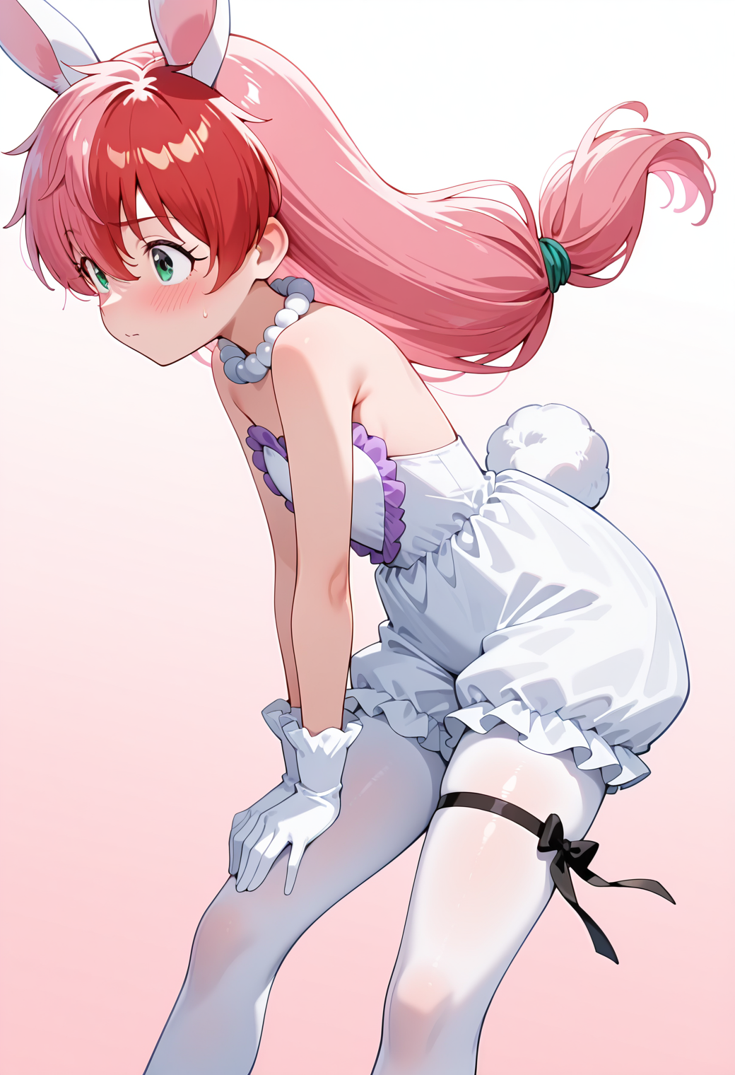 masterpiece, best quality, very aesthetic, absurdres, 1girl, solo,
<lora:yamato_sora_v01:0.9>, <lora:outline_xl_kohaku_delta_spv5x:-1>, yamato_sora, sora_bunny, two-tone hair, pink hair, red hair, low-tied long hair, green eyes,
rabbit girl, rabbit ears, bead necklace, white dress, frills, bare shoulders, white gloves, rabbit tail, bloomers, white pantyhose, thigh ribbon, pink footwear, blush, posing