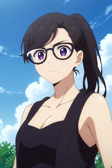 hizuru minakata,1girl,solo,glasses,breasts,cleavage, gloves, ponytail, mole under mouth,long_hair, looking at viewer,black-framed eyewear,bangs, BREAK outdoors,blue sky,cloudy_sky,sunshine <lora:Hizuru_Minakata_-_Summer_Time_Rendering.safetensors:0.8> <lora:detailed_backgrounds_v2.safetensors:0.5> <lora:Spiderlily.safetensors:0.8>
