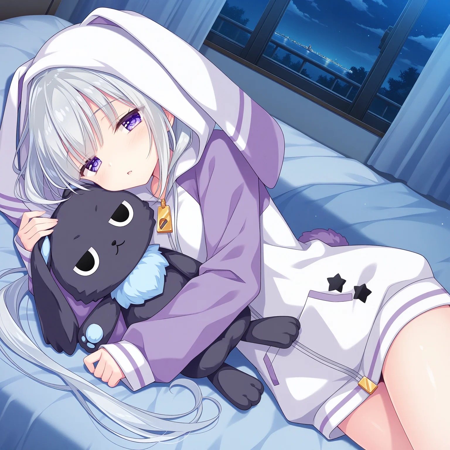 <lora:Yamabuki_Kuon_1_nai-000027:1>,Yamabuki Kuon,twintails,
hood up,rabbit hood,long sleeves,white hoodie,two-tone hoodie,purple hoodie,purple sleeves,zipper pull tab,
BREAK
1girl,solo,on side,on bed,night,looking at viewer,sleepy,holding stuffed toy,stuffed rabbit,