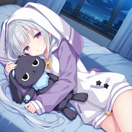 <lora:Yamabuki_Kuon_1_nai-000027:1>,Yamabuki Kuon,twintails,
hood up,rabbit hood,long sleeves,white hoodie,two-tone hoodie,purple hoodie,purple sleeves,zipper pull tab,
BREAK
1girl,solo,on side,on bed,night,looking at viewer,sleepy,holding stuffed toy,stuffed rabbit,