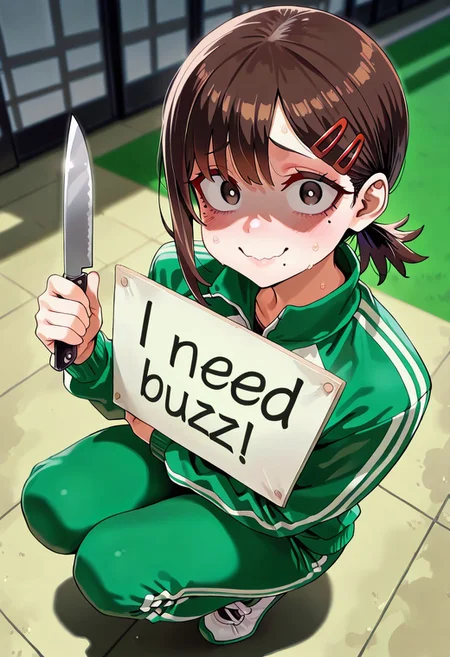 higashiyama kobeni, solo, (holding knife with one hand), (hand and knife behind her body), ((need_buzz)), (holding sign with another hand), shaded face, fake smile, nervous sweat, wavy mouth, brown eyes, brown hair, green track suit, hair clip, mole under eye, mole under mouth, short ponytail, single side lock, squatting, looking at viewer, ((8k, Ultra HD)), (foreshortening:2), depth of field, ((Detailed background :1.5)), ((Masterpiece)), ((Best quality)), ((Detailed)), amazing quality, very awa, highres, absurdres, anime, contrapposto, artist:asanagi, from above,