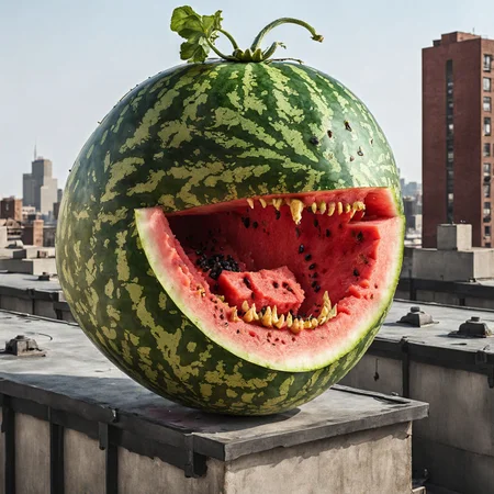 A watermelon FaVGoneBad on a rooftop <lora:Fruits_and_Vegetables_gone_bad_-_SDXL_LoRA:0.8>