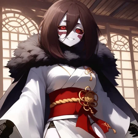 score_9, score_8_up, score_8, BREAK source_anime, 1girl, ((best quality)), ((highly detailed)), masterpiece, extremely detailed face, beautiful face, , (1girl), (solo), <lora:age_slider_v2:-3>, portrait, ', , <lora:mashiro:1>, mashiro, moth gir, dark brown hair, short hair, red eyes, colored sclera, black sclera, half-closed eyes, white skin, colored skin, fewer digits, joints, medium breasts, smiling, white kimono, obi, red sash, pelvic curtain, side slit, wide sleeves, black cloak, cloak, open cloak, (inside, on a stairway), hair between eyes