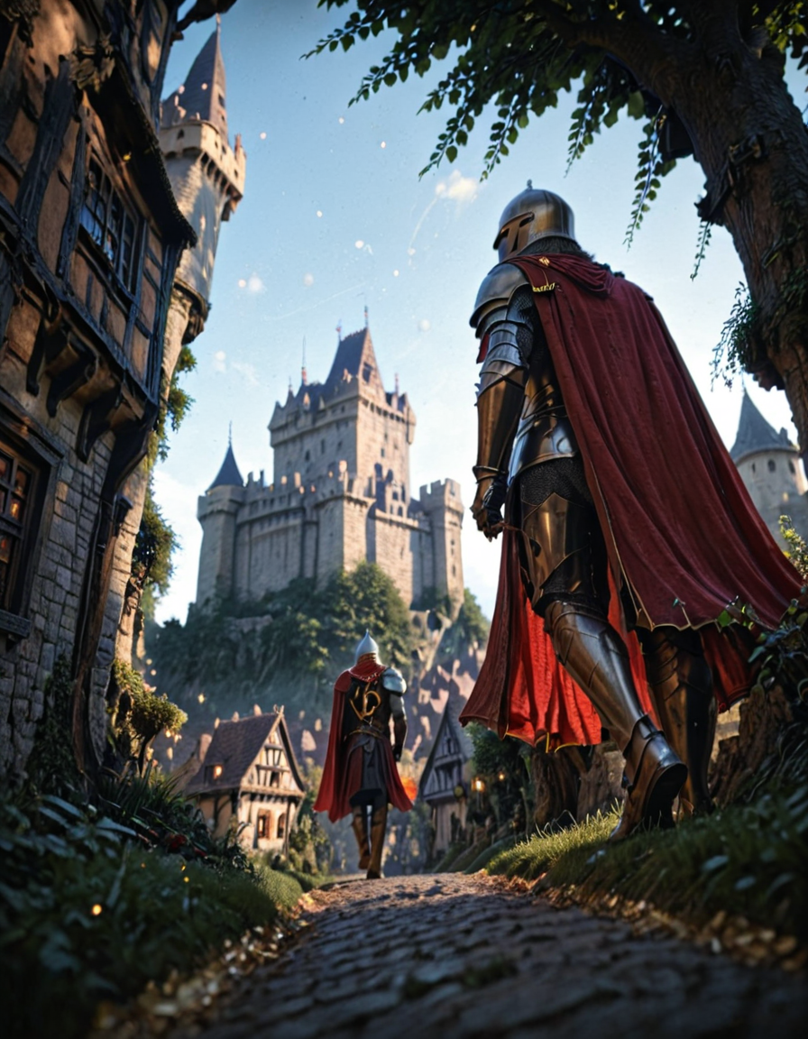 <lora:Medieval_Worlds_Specialxlb:1> mw01out, very narrow street, under tree, ground view, houses, T11, highly detailed, depth of field, scenery, vegetation, brown, bokeh, fantasy, high castle in the background, low angle, knight, walking, gold armor, red cape