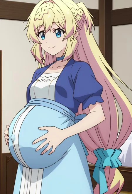 best quality, masterpiece, 4k, perfect lighting, very aesthetic, anime, anime coloring, official art, anime screencap, bedroom, (large pregnant belly:1.3), happy, smile, (hands on belly:1.5),
azusa, blonde_hair, blue_eyes, braid, very_long_hair, short_sleeves, blue_choker, blue_jacket
(pregnancy clothes:1.5), (covered belly:1.5)