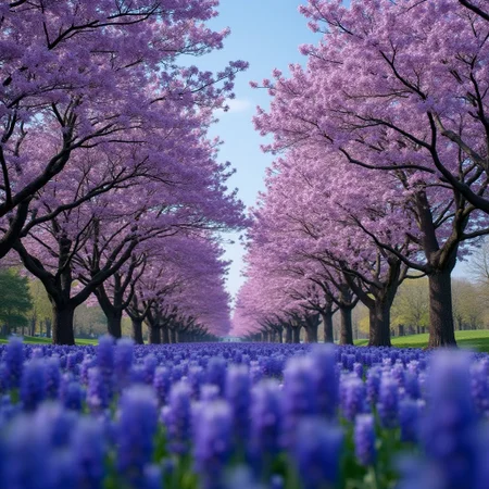 best quality. Full shot. Deep focus. High angle. Fit in frame.sony_a7III professional style photo.
Create a scenery inspired by a short poem:
Each year in May, as Jacarandas bloom,
A carpet of sky is strewn across the grass.
Mother Nature wears her delft costume,
With a breezy sweet perfume none can surpass.
And we beneath these blossomed boughs assume,
true love upon a bed of azure petals.
