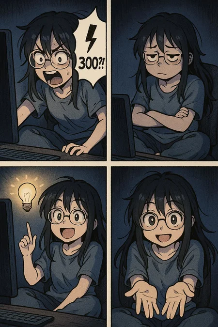 please create a four panel colored manga. The general setting for is a girl sitting at a computer in a dark room, only illuminated by the screen light. She has long, messy hair, wears slobby clothes and sits on the chair crosslegged. She looks nerdy, but cute. The view is from a standard 3/4 angle.

first panel: She leans forward and looks at the computer screen in total shock. In an intense speech bubble, she shouts "⚡️300?!?"

second panel: She looks exasperated and irritated. She slumps back and exhales defeated.

third panel: She pops up with an excited expression. She has an idea and a light bulb appears which lights up some of her surrounding.

fourth panel: she looks directly at the viewer. She has a cheeky, bratty grin and her eyes looks slightly mischievous. She stretched her hands out towards the viewer with her palms upwards like a begging gesture. She tries to look cute to beg for more ⚡️.