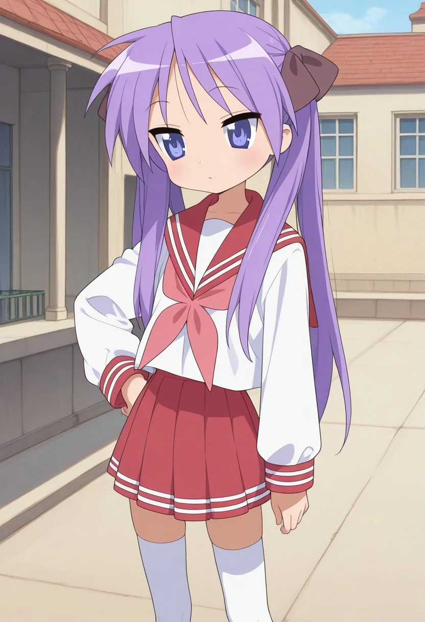 lskagami, purple hair ribbon, school uniform, sailor collar, red skirt, pink neckerchief, white thighhighs, outdoors, school courtyard