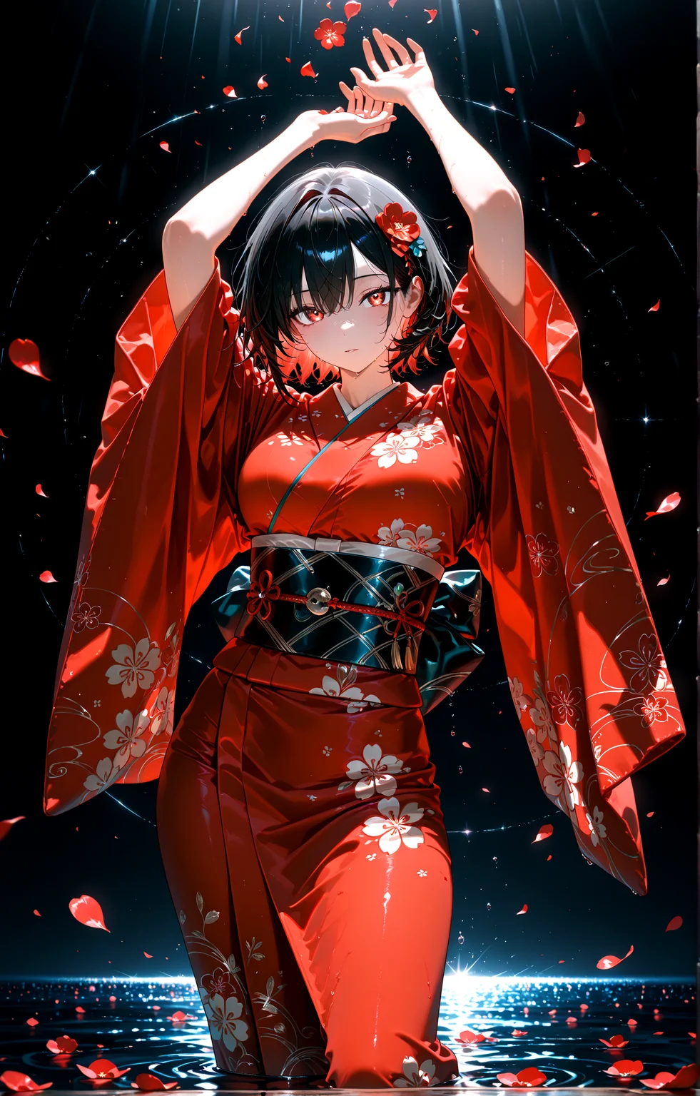 masterpiece, best quality, amazing quality, very aesthetic, absurdres, newest,
dark background black background petals water horizon backlighting,
red kimono
standing contrapposto, outstretched_arm,arms up, from front,close-up,upper body ,looking at viewer
{{best_quality}},{{amazing_quality,very_aesthetic}},
masterpiece, best quality, amazing quality, very aesthetic, absurdres, newest, volumetric lighting, <lora:spo_sdxl_10ep_4k-data_lora_webui:1.0>