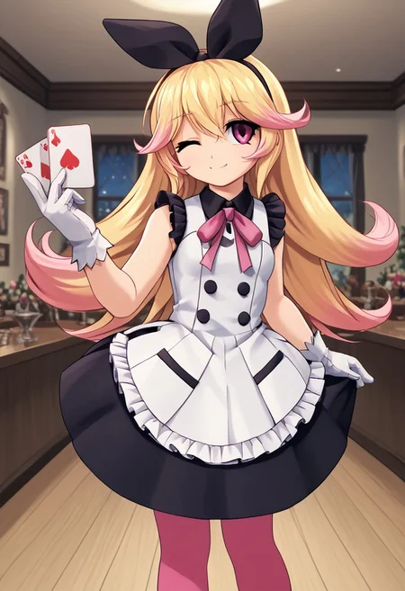 score_4,score_5,score_6,score_7_up,score_8_up,score_9
((masterpiece,best quality,ultra detailed,highres,HD,4k:1.2)),
1girl,solo,
dark pink eyes, blonde hair, long hair, hairband, ribbon, multicolored hair, pink hair tips, bangs, ribbon on clothes, pink pantyhose, white gloves, gloves, sleeveless dress, frilly dress, black footwear, black shoes,
standing,Indoors, luxurious interiors,holding a playing card, smile, wink,