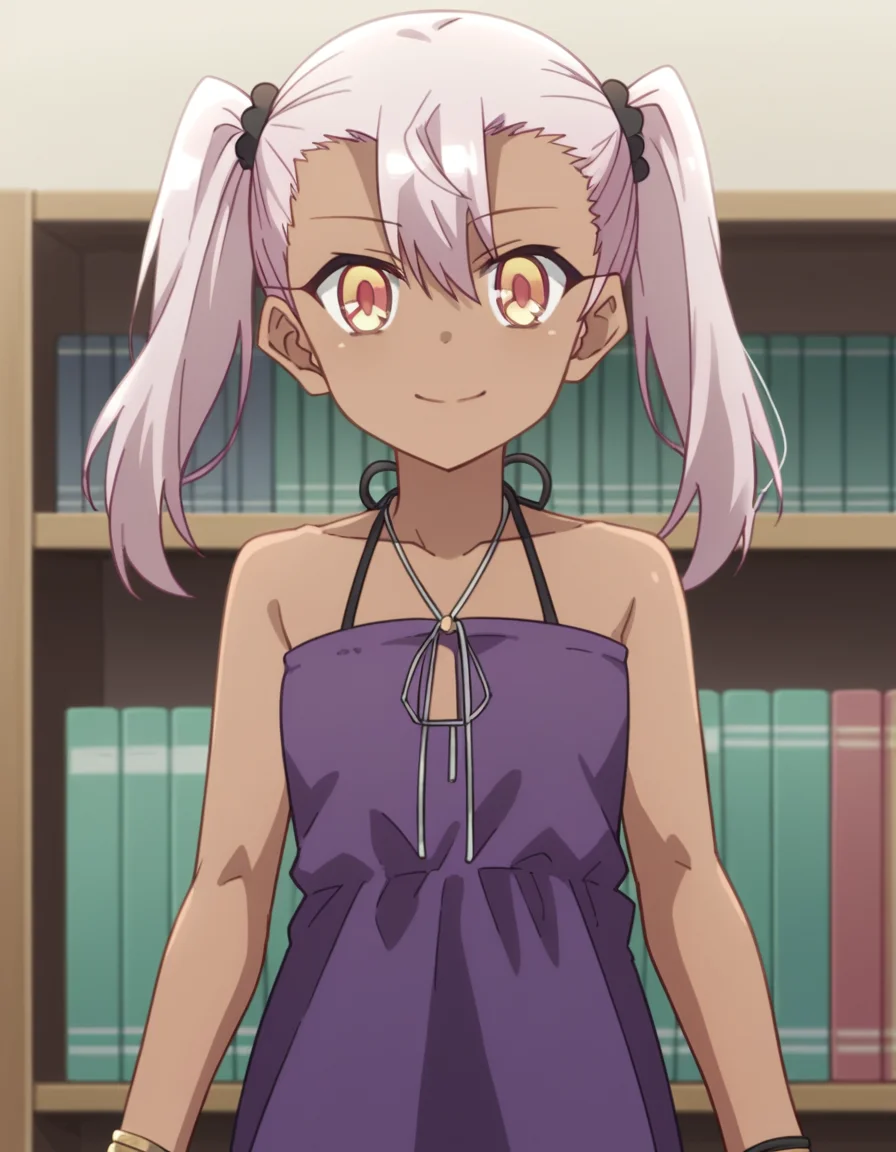 score_9, score_8_up, score_7_up, source_anime, <lora:chloe-von-einzbern-prisma-s2s3-ponyxl-lora-nochekaiser:1>,, chloe von einzbern, long hair, hair between eyes, yellow eyes, pink hair, dark skin, dark-skinned female,, twintails, dress, bare shoulders, collarbone, bracelet, halterneck, purple dress,, bookstore, browsing shelves, new book smell, finding a favorite, quiet atmosphere, smile, looking at viewer, arm holding an object, solo,, cowboy shot, dutch angle