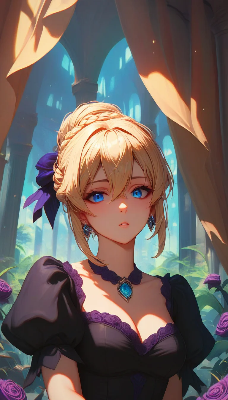 zPDXL, score_9, score_8_up, score_7_up, score_6_up, score_5_up, score_4_up, 1girl, jewelry, solo, blonde hair, blue eyes, dress, necklace, braid, ribbon, purple flower, hair ribbon, green gemstone, gem, bare shoulders, flower, hair between eyes, parted lips, black dress, looking at viewer, alternate costume, breasts, off shoulder, off-shoulder dress, upper body, hair bun, short hair, collarbone, red ribbon, hair intakes, purple rose, brooch, indoors, cleavage, french braid, braided bun, earrings, rose, medium breasts, sidelocks, single hair bun, strapless, blue gemstone, short sleeves, puffy sleeves, medium hair, <lora:srnty:1>, <lora:add-detail-xl:1>, <lora:detailed:1>, <lora:detailed_notrigger:1>, <lora:perfection style:1>, <lora:Pony_QualityV4.0:1>