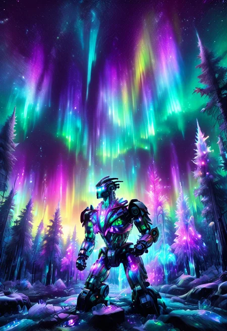 lazympos, morph-aurora, A platinum-tier simple robot with bioluminescent fur prowls through an aurora-lit crystal forest, prismatic light shards refract through ice formations, glowing celestial patterns dance across its obsidian collar, hyper-detailed fur texture with rainbow iridescence, 8k resolution.