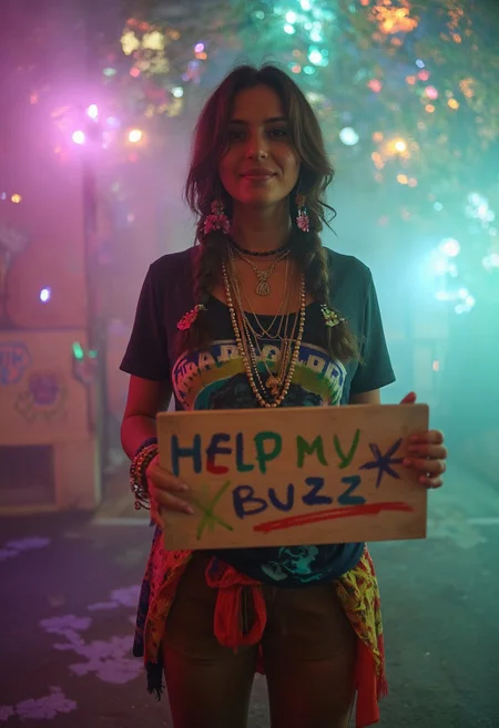 SFW, Cute Woman Hippy Stoner. A cute, free-spirited woman with a hippie stoner vibe, standing confidently while holding a hand-painted sign that reads 'Help My Buzz' in playful, colorful lettering. She wears a vintage Bob Marley T-shirt styled with layered, flowing bohemian clothing in vibrant, earthy tones, adorned with eclectic accessories like beaded necklaces, bracelets, and dangling earrings. Her loose, wavy hair falls naturally over her shoulders, with strands braided and decorated with tiny flowers and beads. The atmosphere around her is alive with soft, swirling colorful fog, illuminated by glowing, luminous motes and glistening, iridescent particles that give the setting a trippy, dreamlike, otherworldly feel. The background features abstract, surreal textures and colors, with a soft gradient of purples, pinks, and greens. The image is ultra-detailed, high-resolution, and rich in texture, capturing every nuance of her expression, the fabric of her clothes, and the reflections in the ethereal atmosphere. The overall tone is whimsical, peaceful, and surreal, emphasizing her carefree and radiant personality.
Hide