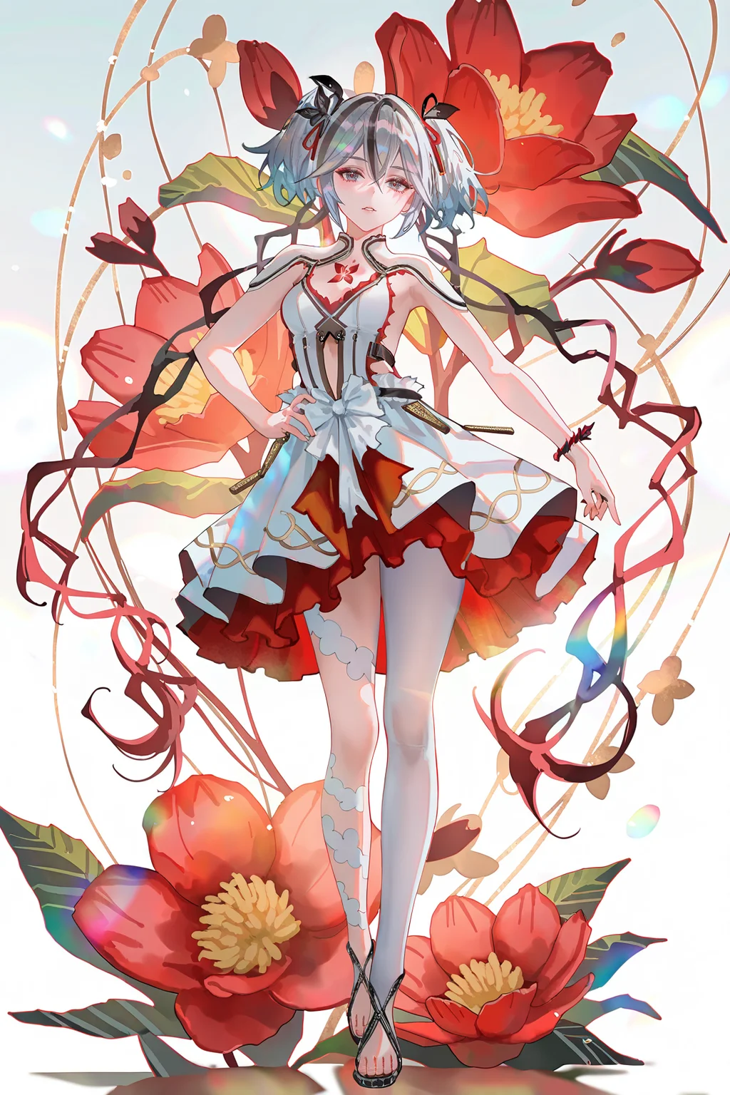 8k, best quality, masterpiece, (ultra-detailed), (high detailed skin), 
((artist:reoen),(artist:fuzichoco),(artist:atdan),(artist:torino_aqua),year 2024:0.8)1girl, [artist:wlop], [artist:ningen_mame], artist:ciloranko, [[artist:rhasta]], artist:tidsean, colorful, detailed light, light leaks, sunlight, bokeh, blurry foreground, ray tracing, lens flare, cinematic lighting, 
full body, full shot, standing, looking at viewer, (solo:1.2), simple background, (white background:1.2), hand on own hip, (white background:1.1), 
<lora:chun-noob-Tanger-000013:0.8>, chun, white chun-def dress, 1girl, red floral tattoo on chest, breasts, twintails, multicolored hair, grey hair, grey eyes, dress, white single pantyhose, 
A full-body portrait of a young girl, standing gracefully, pastel art style, high-key lighting, shoujo manga influence, hd quality, delicate details,