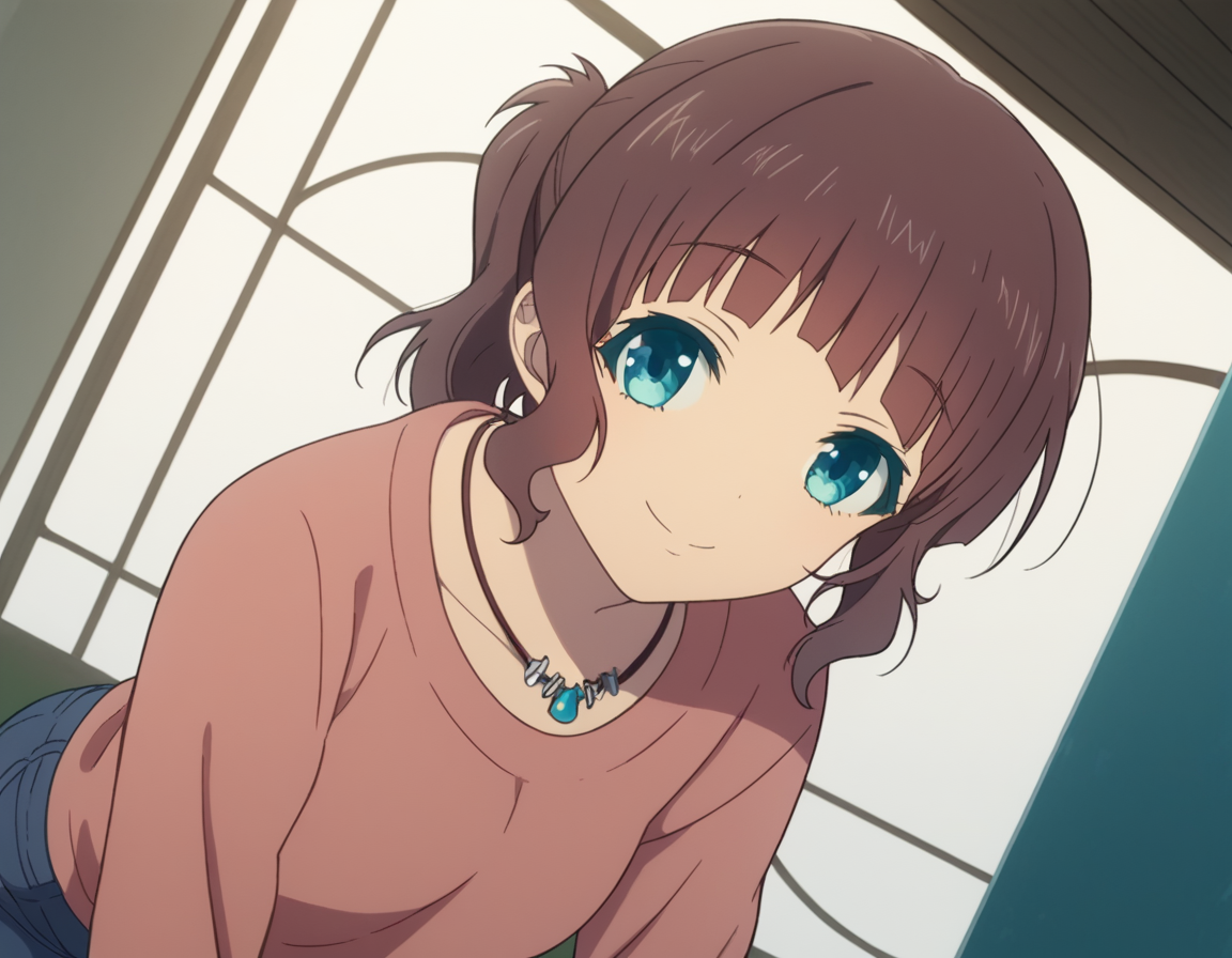 score_9, score_8_up, score_7_up, source_anime,
akarisakishima, <lora:akari-sakishima-s1-ponyxl-lora-nochekaiser:1>,
akari sakishima, short hair, blue eyes, brown hair, ponytail,
jewelry, pants, necklace, denim, collarbone, long sleeves,
indoors, bent over, smile,
looking at viewer, cowboy shot, dutch angle, solo,