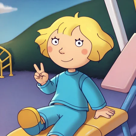 score_9, score_8, score_7, break, solo, lucy_zl, 1girl, blonde hair, short hair, black eyes, blush stickers, blue shirt, blue pants, v, smile, looking at viewer, playground