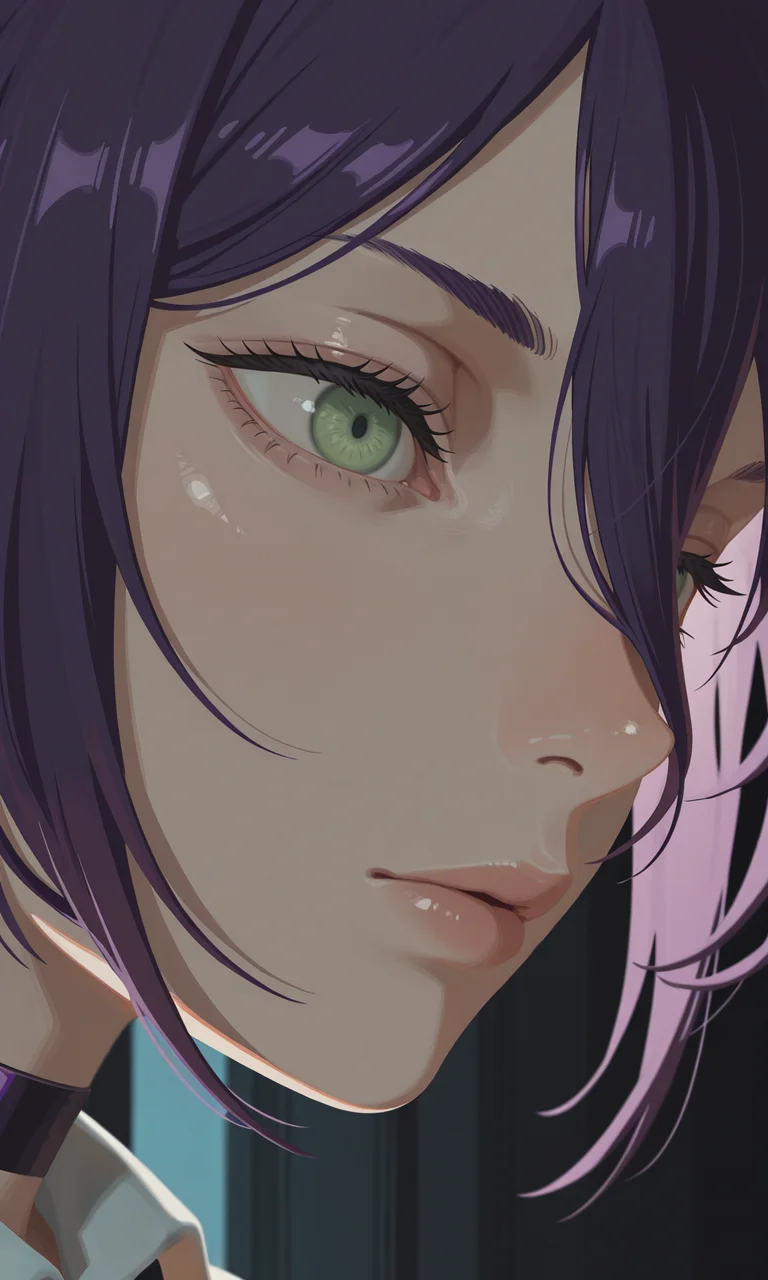 embedding:IllusP0s, g00se, no lineart, green eyes, (closeup:1.3) eye focus, reze_\(chainsaw man\), contrast lighting, purple hair, dark room,<lora:g00se_v3_ill.safetensors:1.0:1.0>