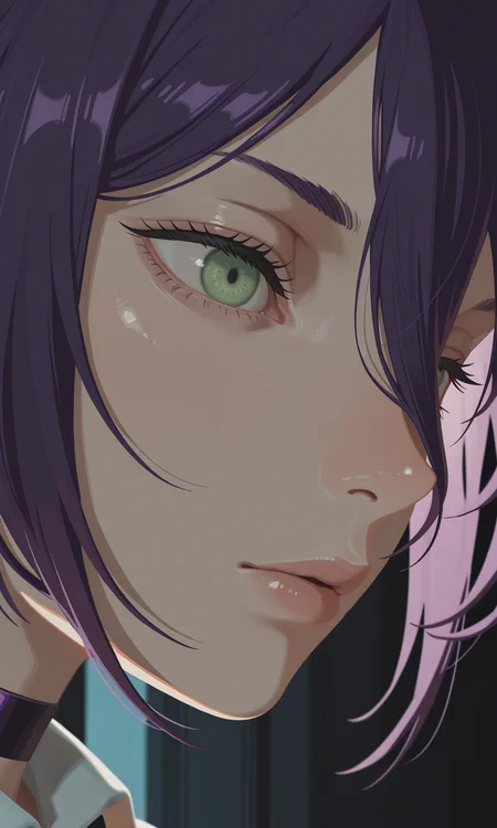 embedding:IllusP0s, g00se, no lineart, green eyes, (closeup:1.3) eye focus, reze_\(chainsaw man\), contrast lighting, purple hair, dark room,<lora:g00se_v3_ill.safetensors:1.0:1.0>