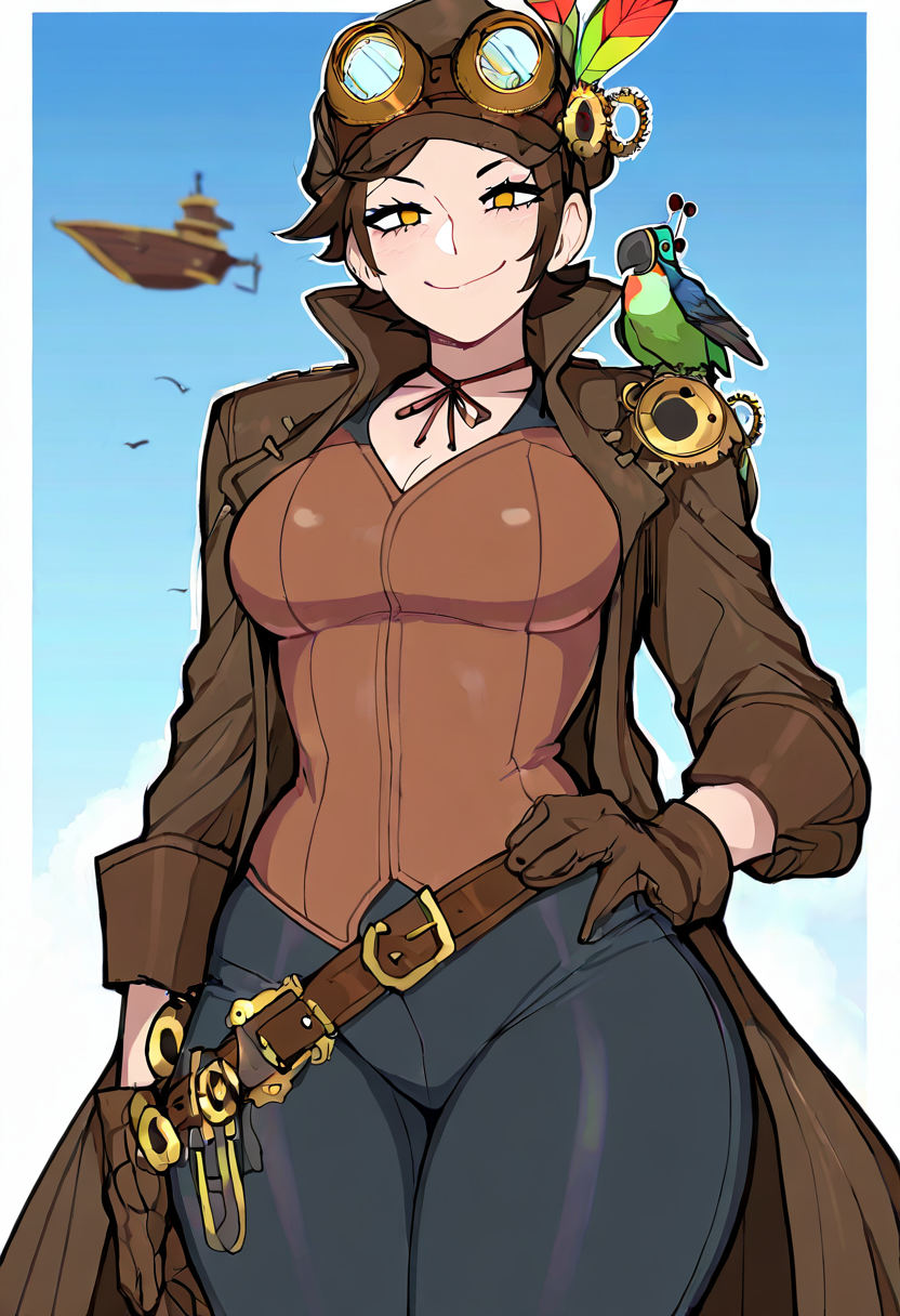 masterpiece, best quality, medium breasts, (curvy),  ,,, steampunk pirate captain, brass goggles, weathered leather coat, mechanical parrot, airship in the background, intricate steampunk accessories, rugged and confident poseBREAK, 1girl, solo,  smile, looking at viewer, cowboy shot,   <lora:AfrobullNAI:0.8>,