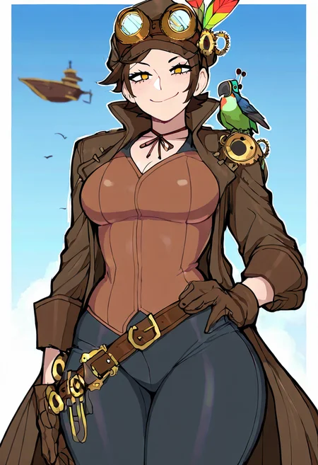 masterpiece, best quality, medium breasts, (curvy),  ,,, steampunk pirate captain, brass goggles, weathered leather coat, mechanical parrot, airship in the background, intricate steampunk accessories, rugged and confident poseBREAK, 1girl, solo,  smile, looking at viewer, cowboy shot,   <lora:AfrobullNAI:0.8>,