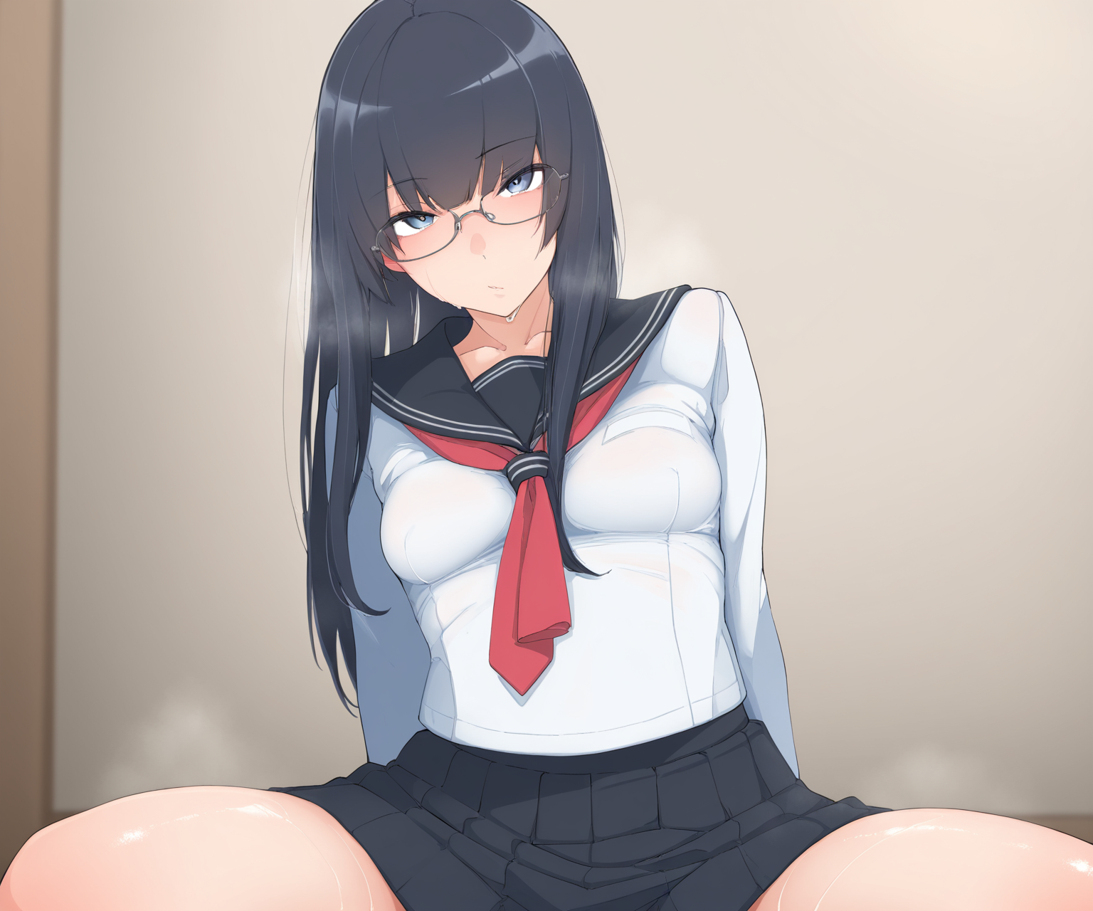 masterpiece, best quality, amazing quality,  sfw, 1girl, solo,  looking at viewer,   shirt, sailor collar, pleated skirt,  long hair, glasses,   <lora:Shirabe Shiki style ILL-v2:1> shirabe_shiki