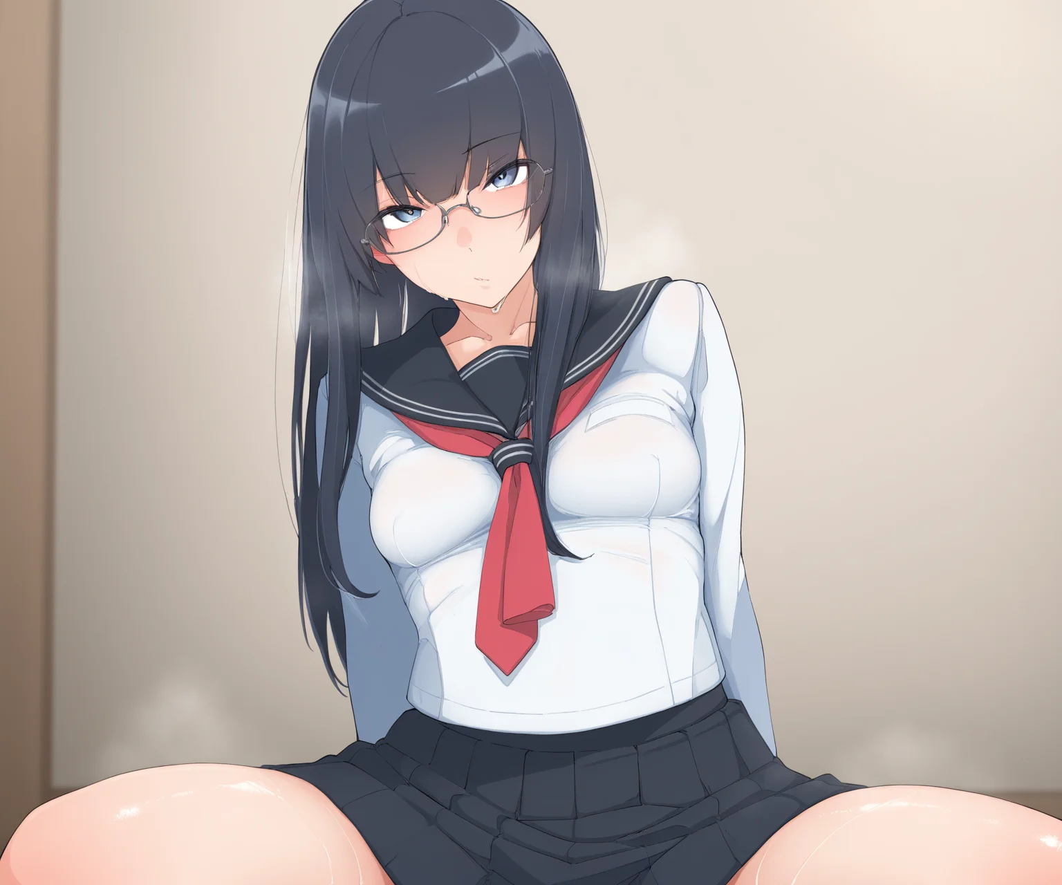 masterpiece, best quality, amazing quality, sfw, 1girl, solo, looking at viewer, shirt, sailor collar, pleated skirt, long hair, glasses, <lora:Shirabe Shiki style ILL-v2:1> shirabe_shiki