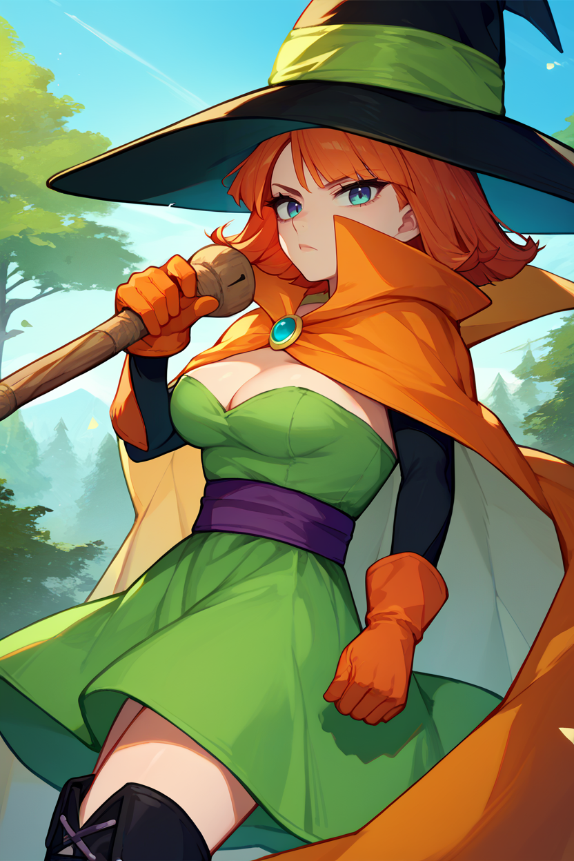 score_9, score_8_up, score_7_up, score_6_up, source_anime, BREAK 1girl, solo, <lora:dq3mage-pdxl-nvwls-v1-000005:1> dq3mage, orange hair, short hair, witch hat, orange cape, green dress, strapless, sash, orange gloves, black boots, medium breasts, cleavage, looking at you, forest, blue sky, serious, upper body