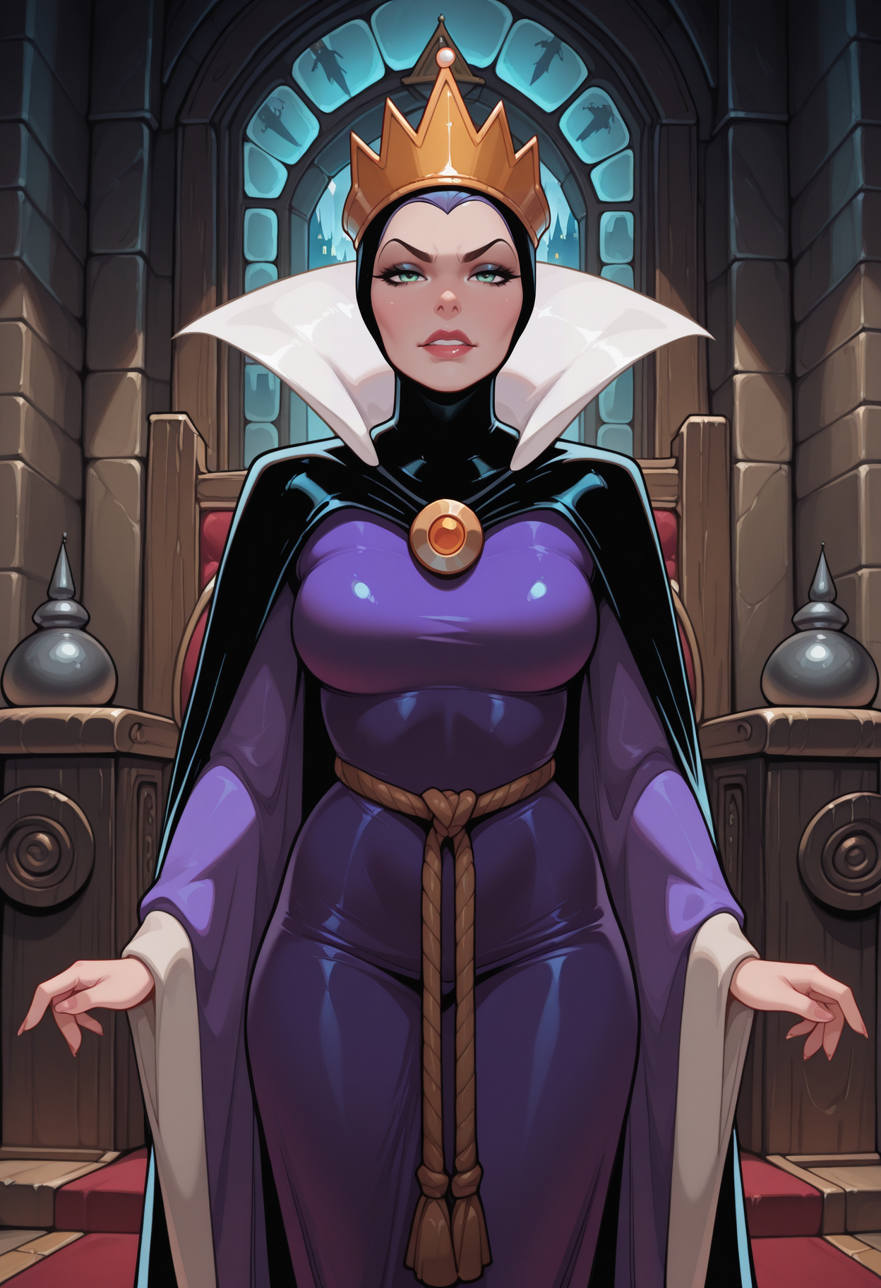 masterpiece, best quality, amazing quality, , ,evilq33n, <lora:evilQueenIllustrious:1>
cape, purple dress, crown,  rope belt, cowboy shot, throne room, castle