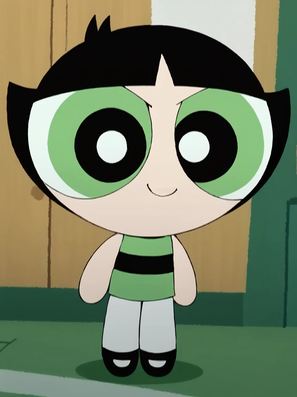 score_9, score_8_up, score_7_up, score_6_up, BREAK, PowButt3rcup, 1girl, solo, smile, black hair, chibi, green shirt, striped shirt, black footwear, white pantyhose, <lora:Buttercup:1>