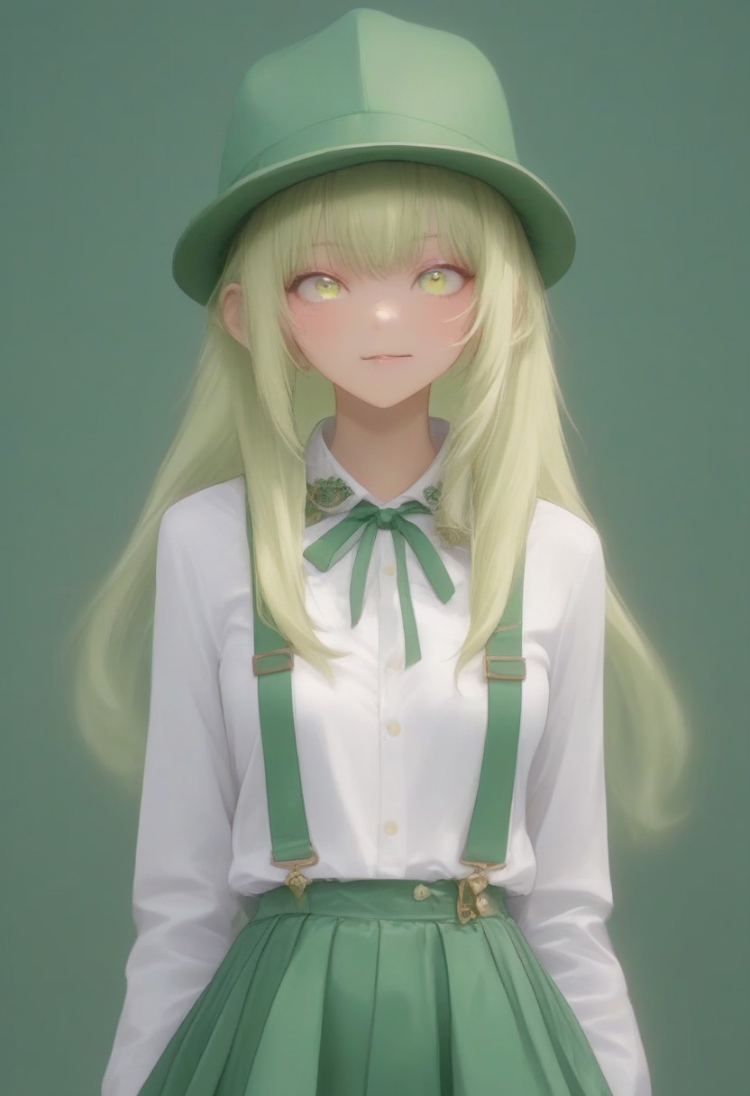 soft light, perfect anatomy ,  sharp focus, ((Depth of field)) deep depth, (Ultra detailed), best quality, intricate lighting, (absurd resolution), high resolution, intricate details, volumetric lighting, green hat, yellow hair, flowing detailed hair, innocent eyes, white panty hose, green skirt, green shoulder straps , white thick inner shirt, green striped socks, green shoes, small hat, twin tail hair,  natural cloths, wild like girl, Fun Spirit, Fine Details, ,Fun Spirit, Fine Details,, s4ish0,, curious excitement , (white center tones), (green inner tones),