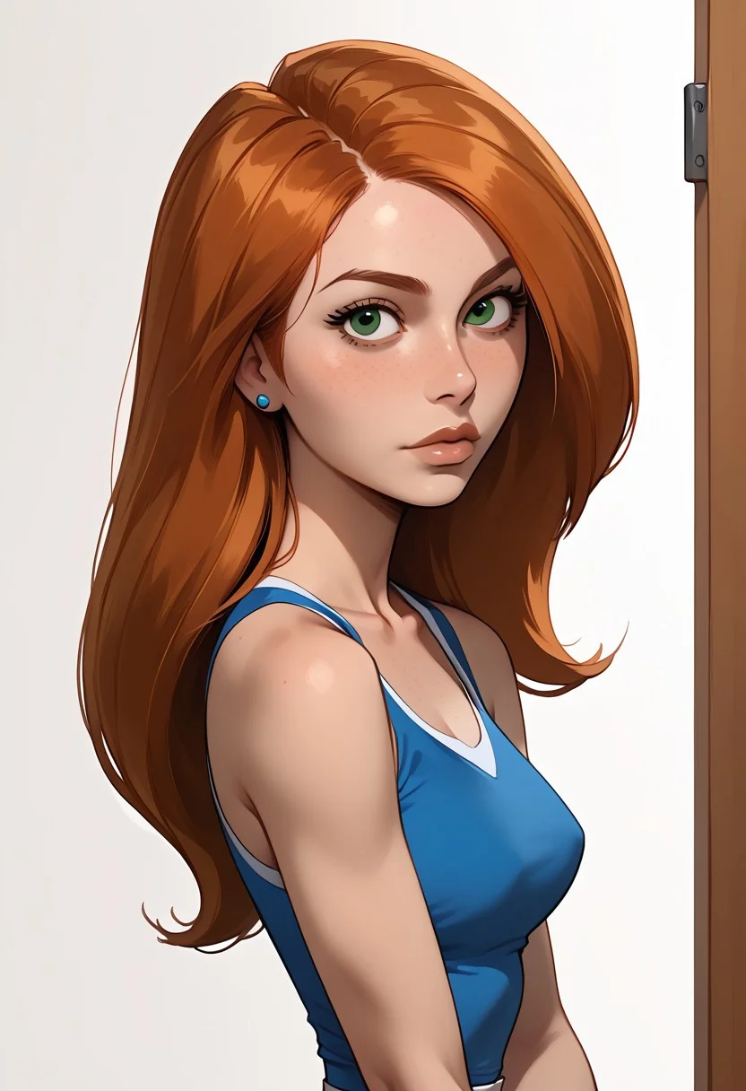 score_9, score_8, score_7, score_8_up, 1girl, bonnie and kim possible, (1petite, Kim Possible), Expressiveh, redhead, small neck, solo, freckles, (long hair, green eyes), smooth hair, medium hair, long eyelashes, collarbone, side view,  jewelry, piercings, close up view, (looking at viewer), close up view, in a school, light blue lockers, cheerleader top, ((skinny waist)),