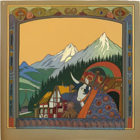 <lora:ivan-bilibin_pony_v1:1> ' grimm's ' by bilibin ivan in 1911,design \(genre\),art nouveau \(modern\) \(style\), Old Slums Houses in a hill sided by a mountain, score_9, score_6_up, score_7_up