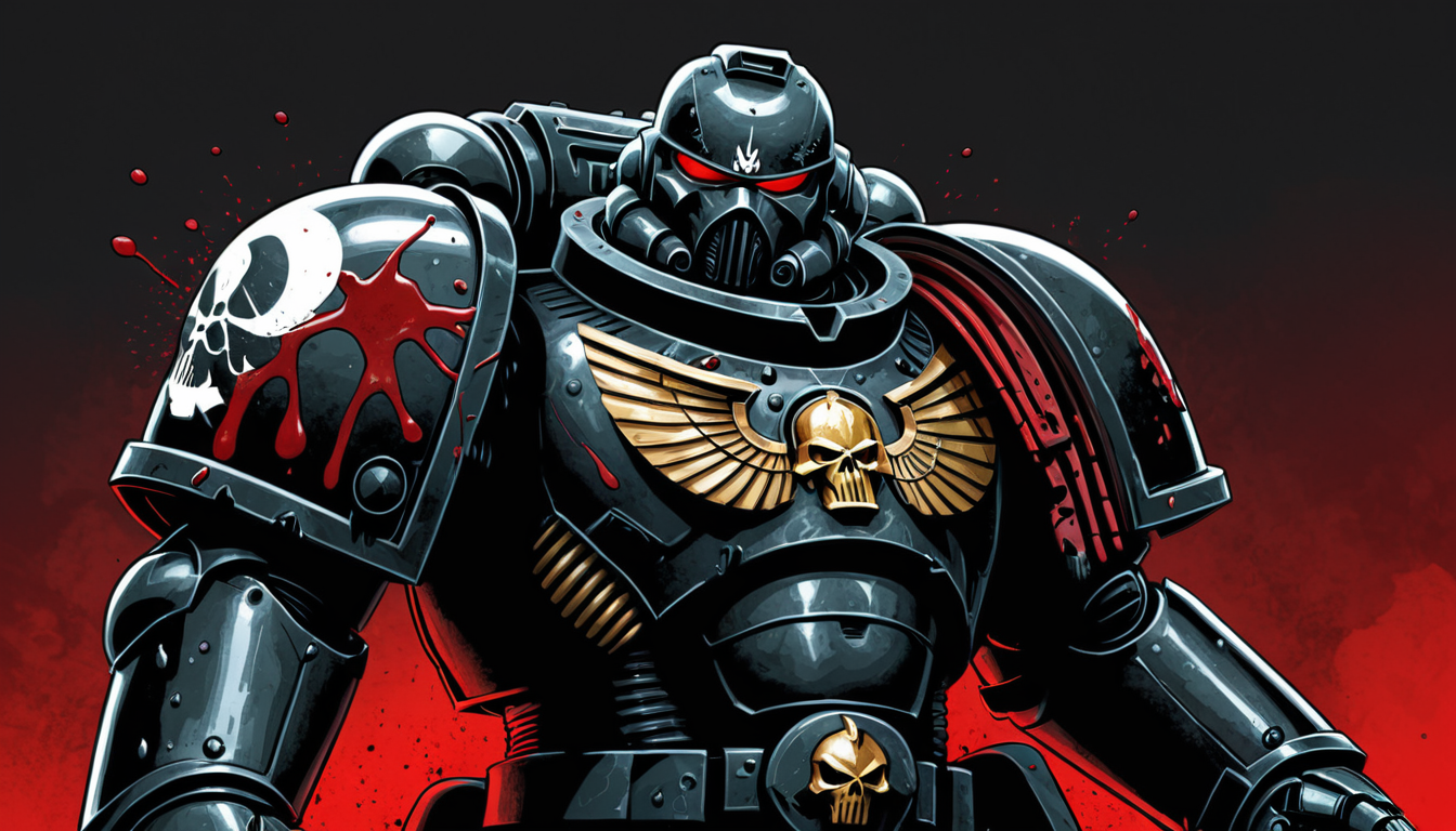 (digital illustration), Deathwatch Space Marine, black Power Armor, upper body, portrait, dynamic composition, centered, comic book \(style\), bold lines, dramatic shading, red splashes, line art, limited color palette, extremely detailed, grimdark, warhammer 40k
 <lora:Astartes-000007:1>