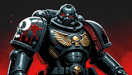 (digital illustration), Deathwatch Space Marine, black Power Armor, upper body, portrait, dynamic composition, centered, comic book \(style\), bold lines, dramatic shading, red splashes, line art, limited color palette, extremely detailed, grimdark, warhammer 40k
<lora:Astartes-000007:1>