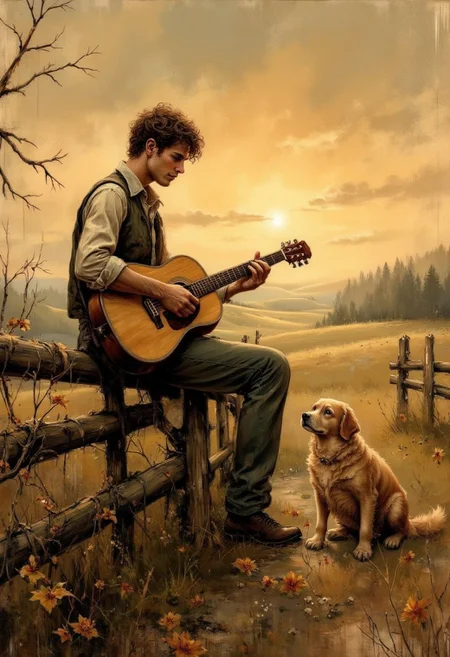 [man and his little puppy, sitting on a rustic fence at sunset, the man playing a guitar, a tender moment of peaceful connection and love], [Digital Painting, photorealistic with painterly elements], [Inspired by the style of Greg Rutkowski and Boris Vallejo], [Warm sunset lighting, golden hour tones, soft shadows, detailed textures on clothing and wood, grassy field and dirt path background, shallow depth of field focusing on the figures], aidmavintagechristmaspaper