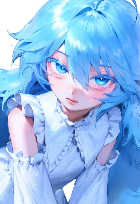<lora:bGV0c2ZpbmFsYW5zd2Vy-noobaiXLNAIXL_epsilonPred_V110_V1-CAME>, bGV0, 1girl, blue hair, blue eyes, solo, long hair, closed mouth, ahoge, hair between eyes, white background, looking at viewer, long sleeves, colored eyelashes, frilled sleeves, detached sleeves, dress, close-up