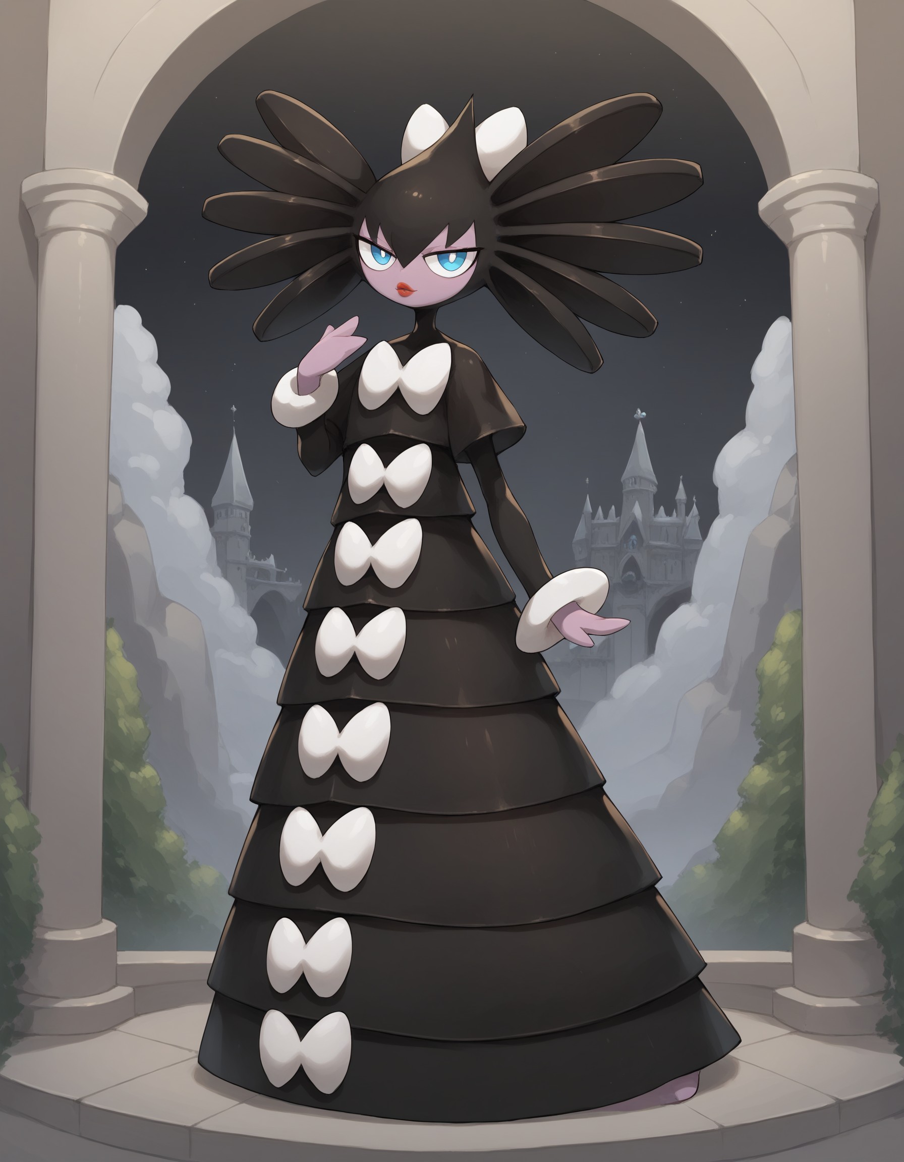 score_9, score_8_up, score_7_up, gothitelle. black hair, multicolored skin, black dress, red lips, blue eyes, pokemon \(creature\), (solo), full body, multicolored skin, looking at viewer, gothic castle, evening, gothitelle, <lora:cefaa866-a58e-40ba-a219-79ab392f7d60:1.0>, <lora:cd26c091-2d99-4d47-8534-b62868e6d83e:0.8>
