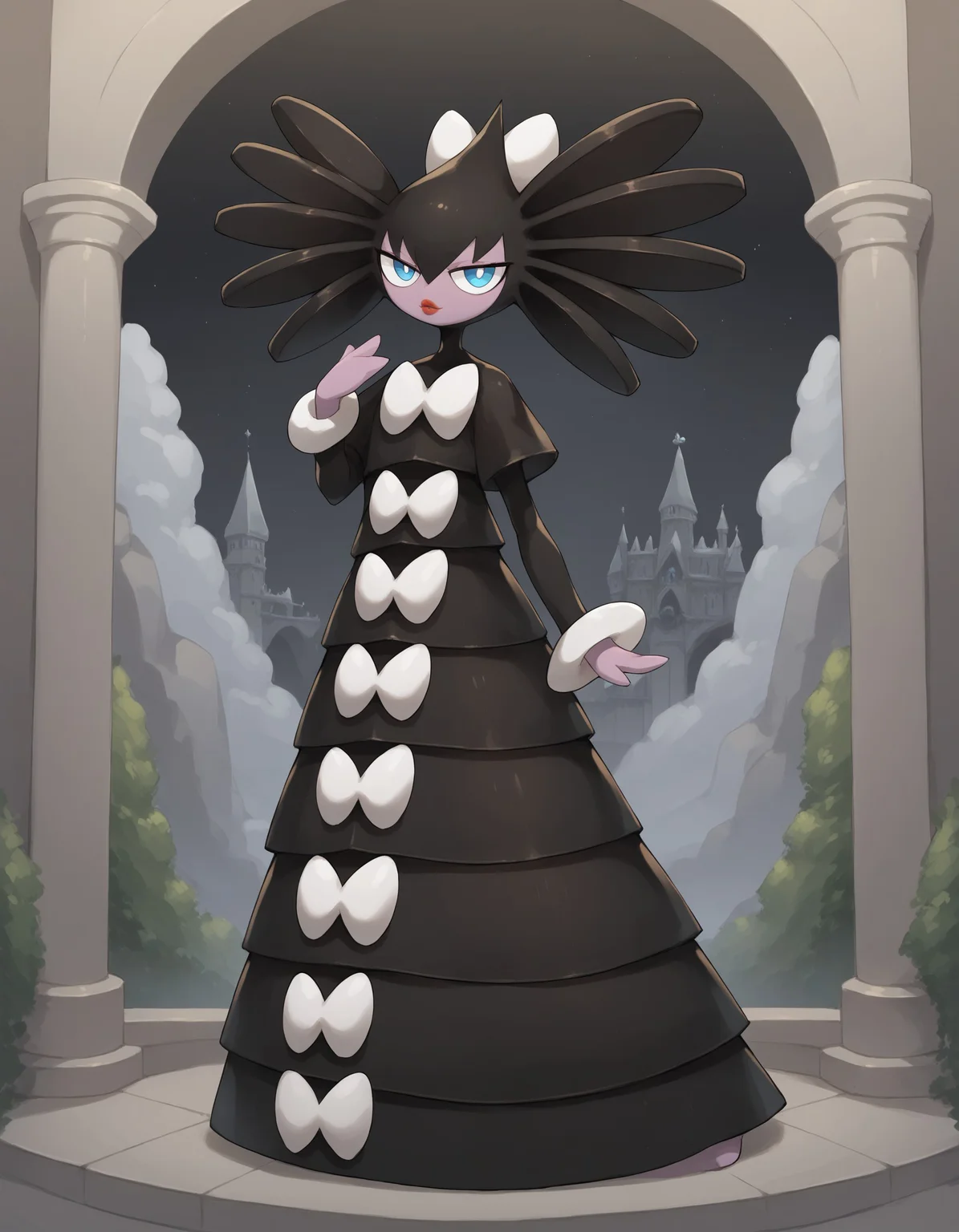 score_9, score_8_up, score_7_up, gothitelle. black hair, multicolored skin, black dress, red lips, blue eyes, pokemon \(creature\), (solo), full body, multicolored skin, looking at viewer, gothic castle, evening, gothitelle, <lora:cefaa866-a58e-40ba-a219-79ab392f7d60:1.0>, <lora:cd26c091-2d99-4d47-8534-b62868e6d83e:0.8>