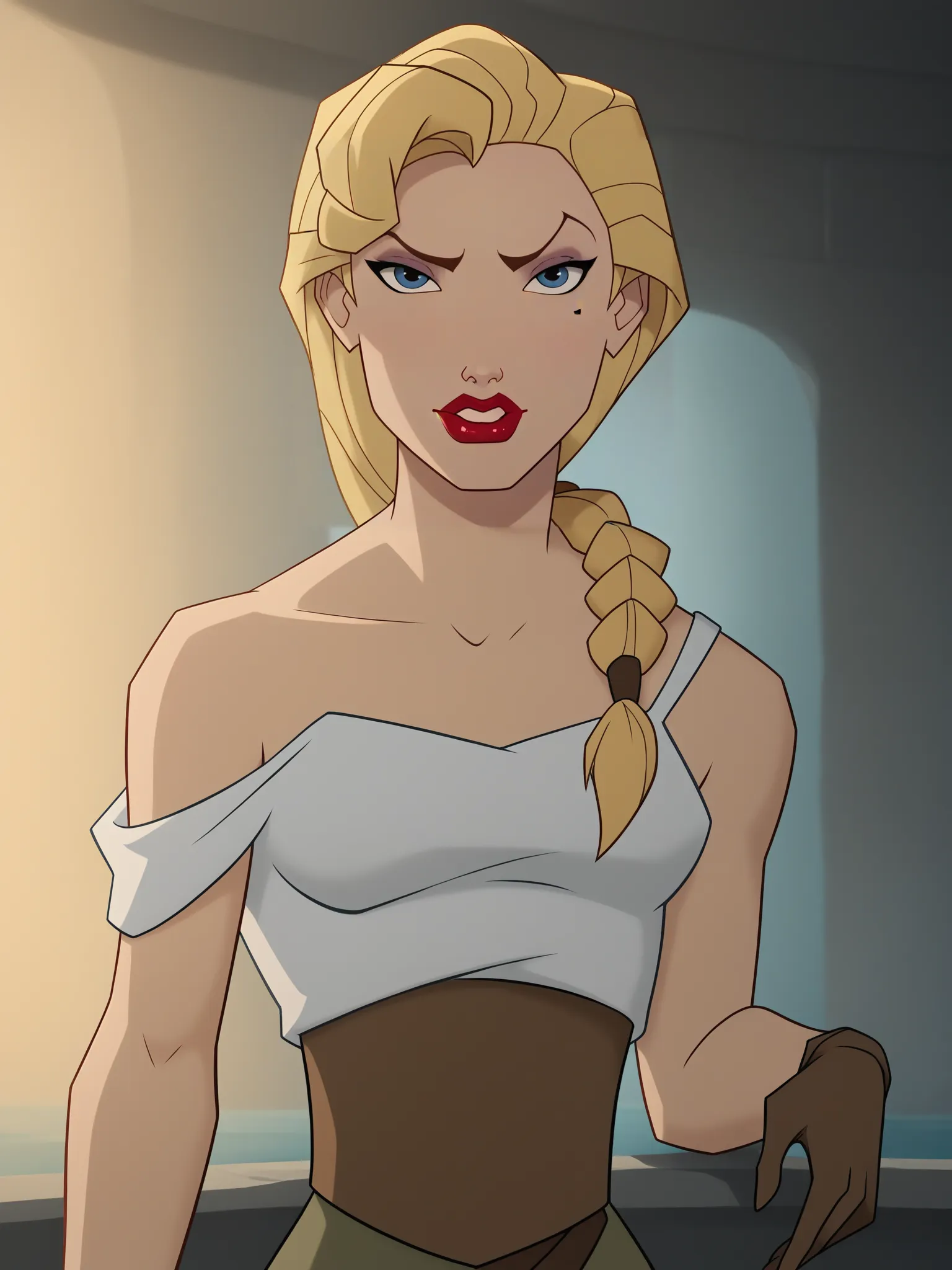 uncensored, score 9 up, score 8 up,
 <lora:Atlantis_The_Lost_Empire_Lieutenant_Helga_Katrina_Sinclair_Character PonyXL:1>,helga_atlantis, blonde hair, lipstick, makeup, red lips, long hair, mole under eye, , single braid, bare shoulders, parted lips, brown gloves, , hair over shoulder, medium breasts, black eyes, off shoulder, eyeshadow, blue eyes, 1girl, standing, looking at viewer,