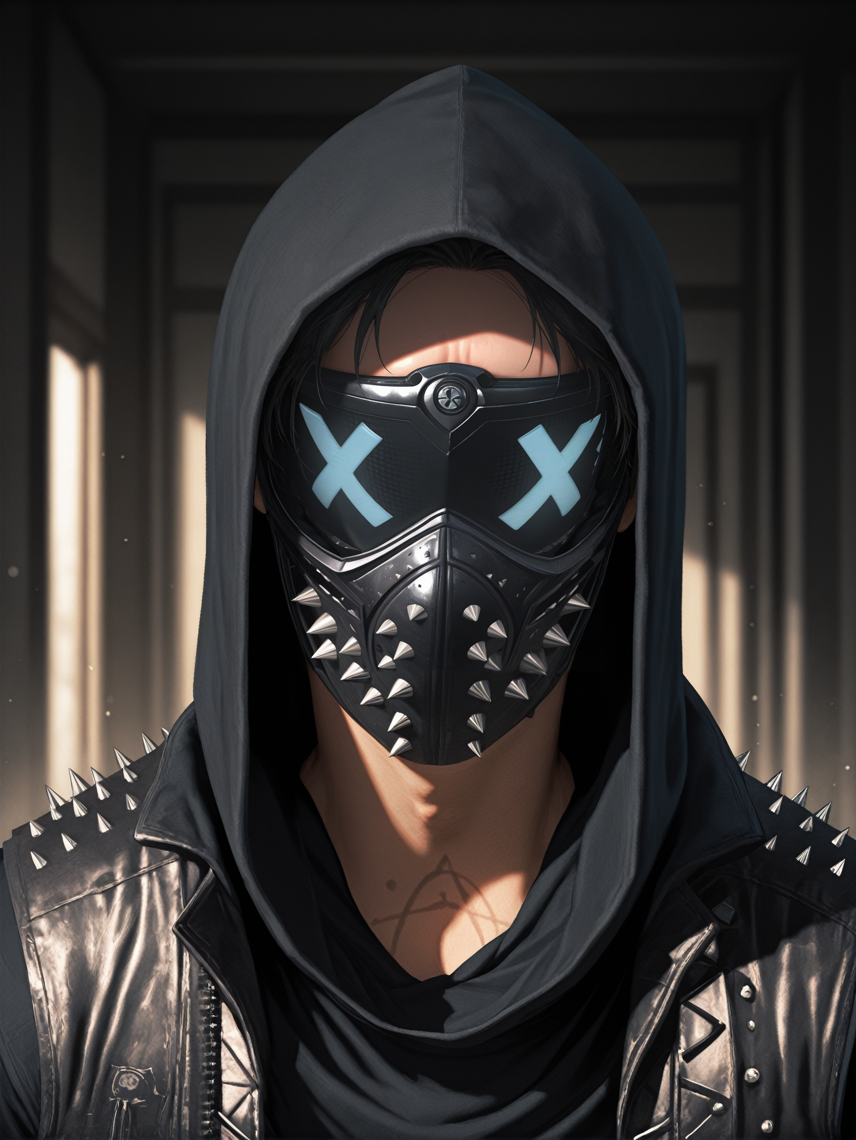 masterpiece, best quality, amazing quality, very aesthetic, absurdres, newest,
<lora:ILWDWren:1.0>
WDWren, solo, 1boy, faceless, mask, hood up, vest, looking at viewer, portrait