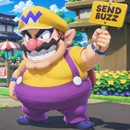 warioxl holding sign that says "$end Buzz" <lora:Wario_Mario_Series_XL:.65> , <lora:texta:.7>, fat, purple suspenders, yellow hat , (anime, masterpiece, intricate:1.3), (best quality, hires textures, high detail:1.2), (4k),(incredibly detailed:1.4),UHD, 8K, ultra detailed