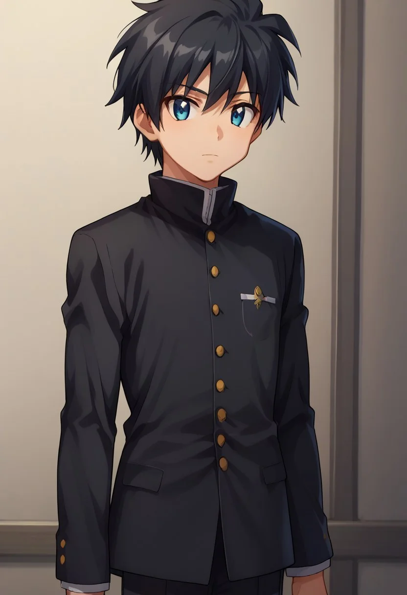 score_9, score_8_up, score_7_up, source_anime, highly detailed,
saitohiraga, 1boy, male focus, black hair, blue eyes, solo, male focus, gakuran, school uniform, black uniform, black pants, long sleeves, pants,